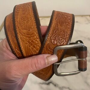 Vintage Brown Tooled Leather Belt with Floral Design 40”
